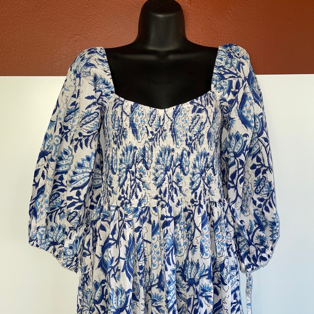 GROWKRATI Smocked Maxi Dress‎ Blue White Floral Print Square Neck Puff Sleeve M - Picture 6 of 8
